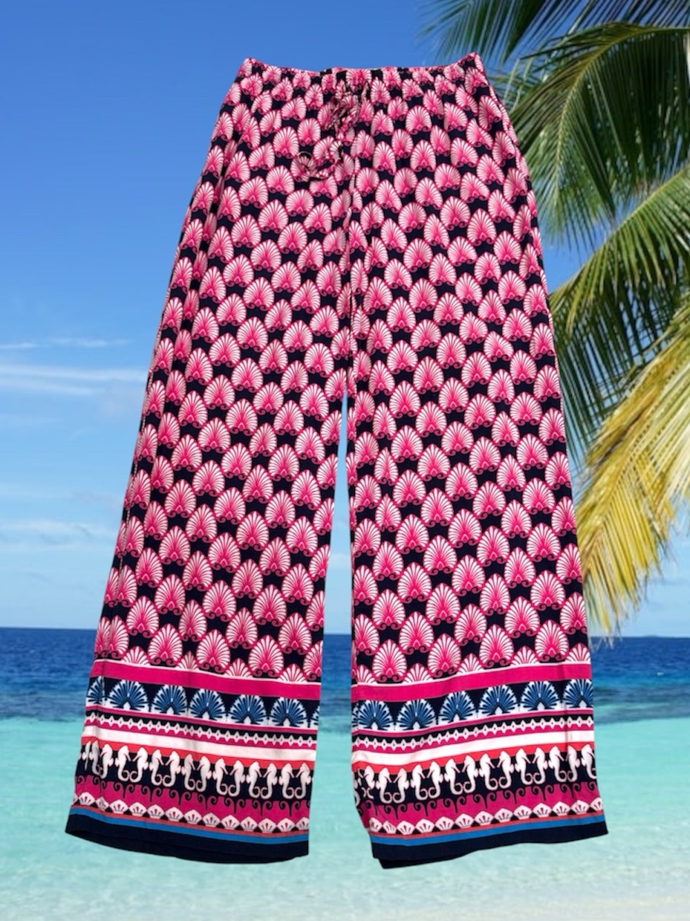 Crown & Ivy Pink Navy Seashell Seahorse Casual Palazzo Pants Small Elastic Waist